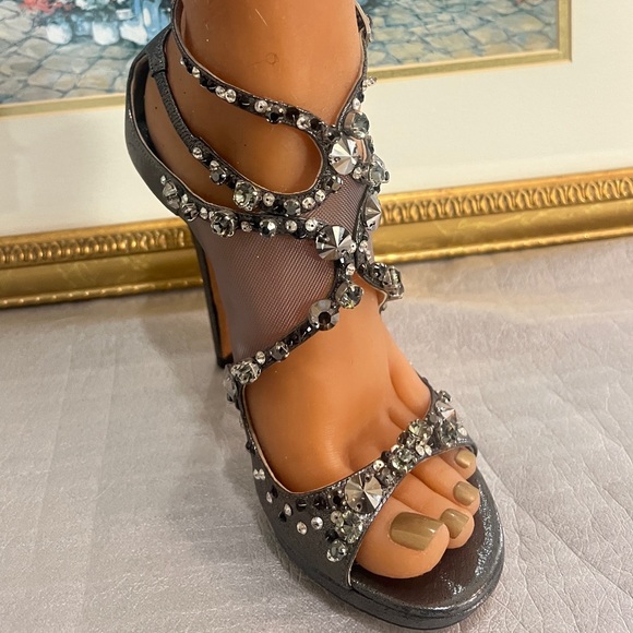 Jimmy Choo Viola Metallic Leather and Mesh Crystal Embellished Sandals Size 37. - Picture 7 of 17
